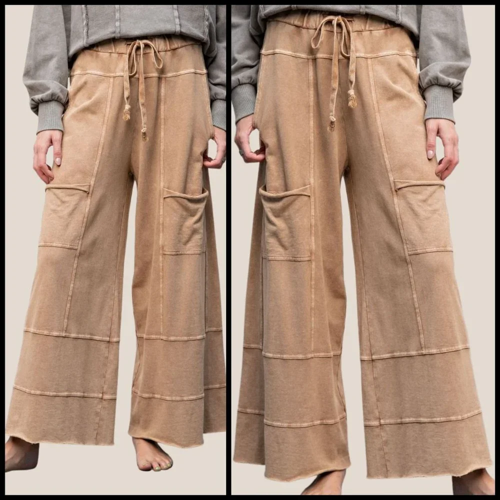 EASEL "Perfect Cargo" Terry Knit Mineral Washed Flared Leg Pants Raw Hem & Seams - Picture 9 of 15